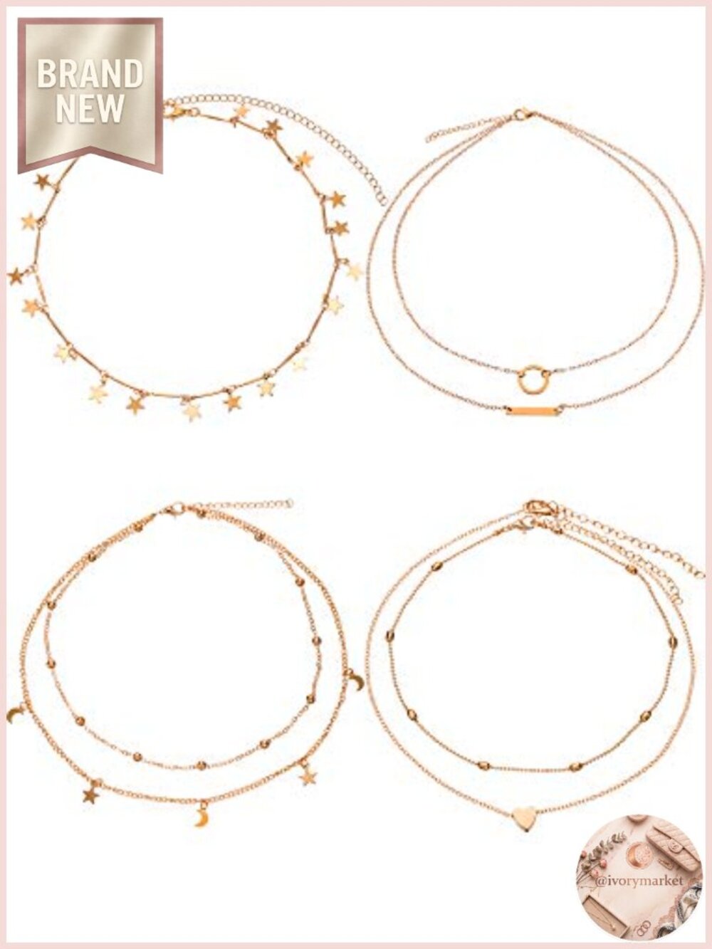 4 Piece Gold Layered Necklace Set with Heart Star Moon Pendant Choker for Women